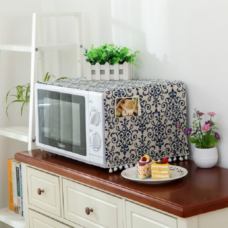 Cotton-linen microwave dust cover, navy damask pattern with pom trim, 30x90cm