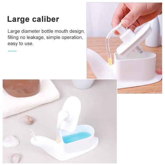 White snail-shaped dispenser with black-tipped nozzle; large opening with pump head