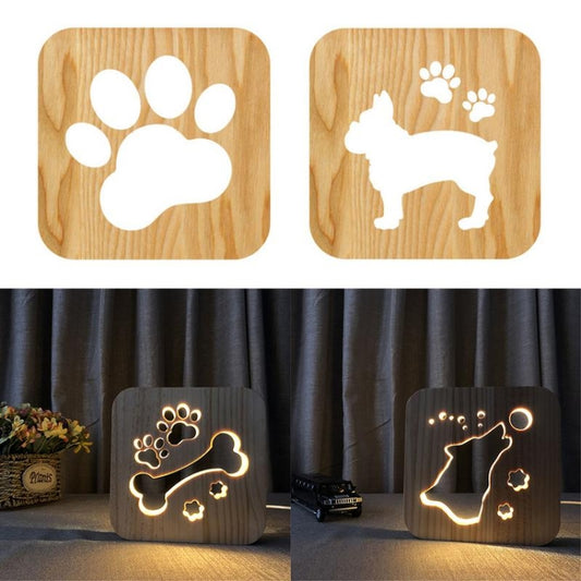 Wooden LED night lamp with engraved paw print and dog silhouette on square panel