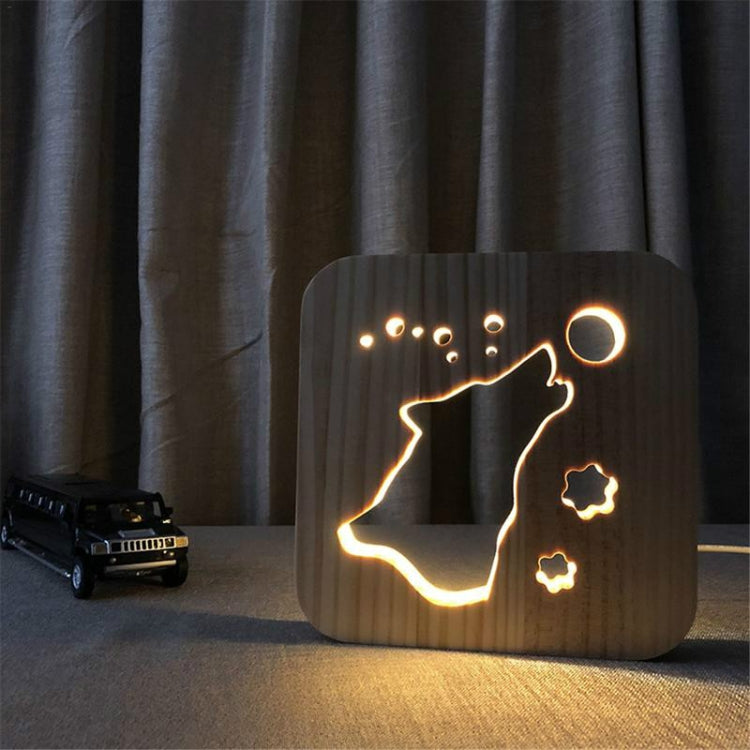 Wooden LED night lamp with glowing dog silhouette, paw prints, and small bone icon