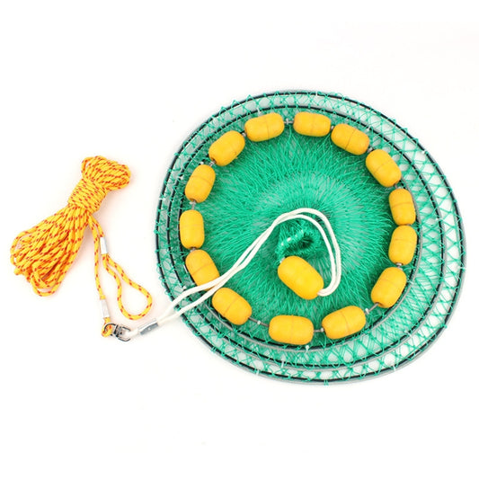 Green mesh fish cage ring with yellow buoy floats and white rope tie detail