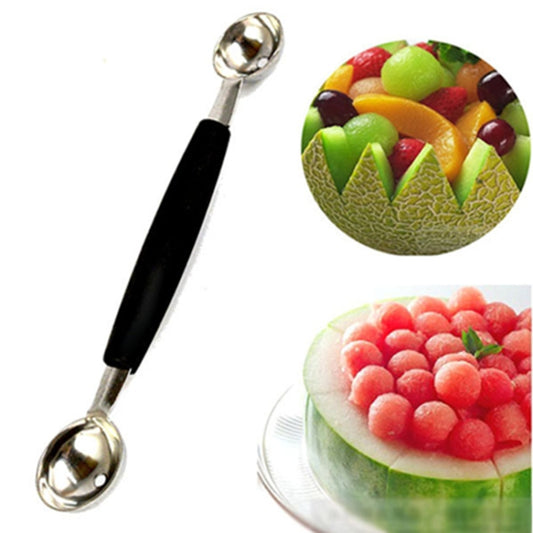Double-head fruit digging spoon with black handle and stainless steel scoops