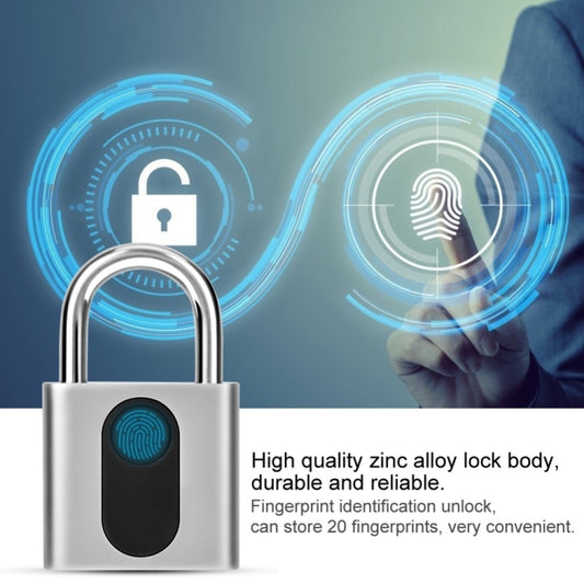 Silver smart fingerprint padlock with glowing fingerprint reader and hand gesture