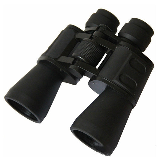 Black binoculars shown at an angle, with wide objective lenses and eyecups