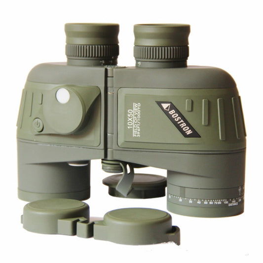 Olive 10x50 binoculars with lens caps and wrist strap, compact design
