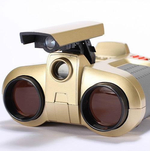 Tan children’s night vision binoculars with adjustable focus and twin front lenses