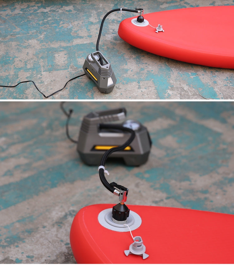 Inflatable adapter mounted on red raft during inflation with pump connected to valve