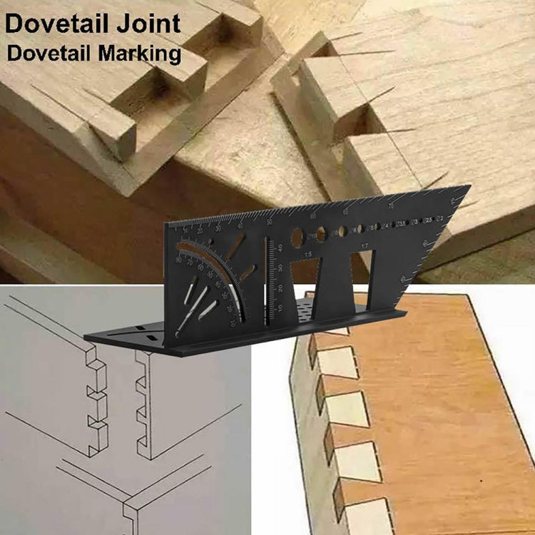 Black dovetail-marking angle ruler with protractor arc and shaped fence cutouts