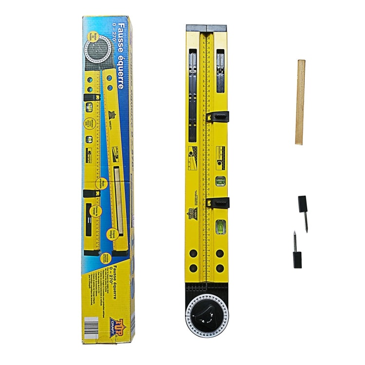Angle gauge tool box with yellow meter and included metal accessory pieces