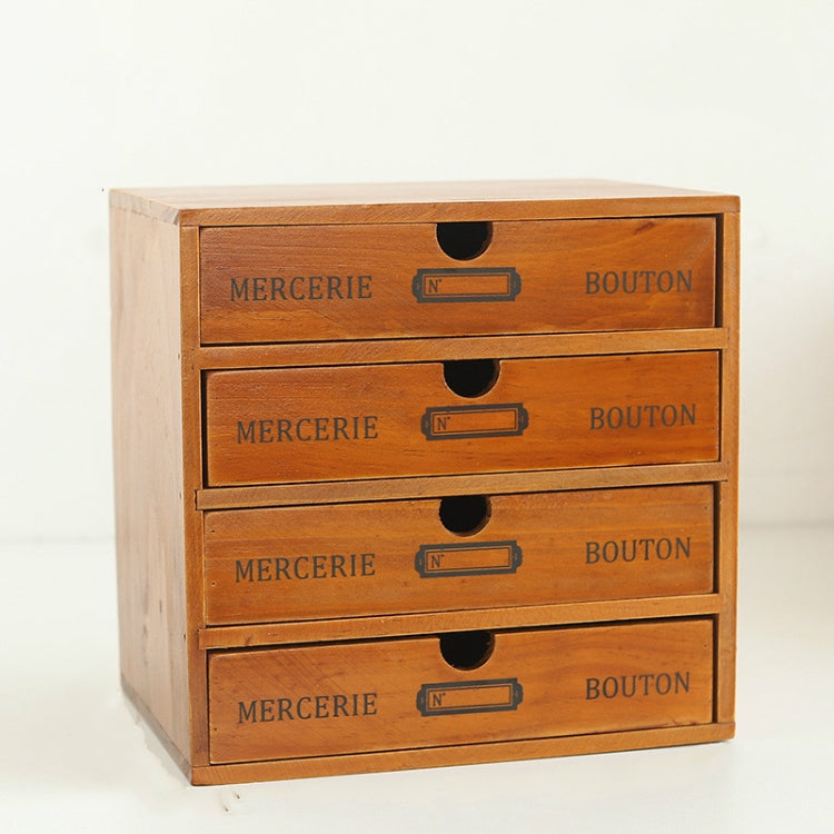 Wooden storage cabinet with four front drawers and arched pull handles, no items visible.