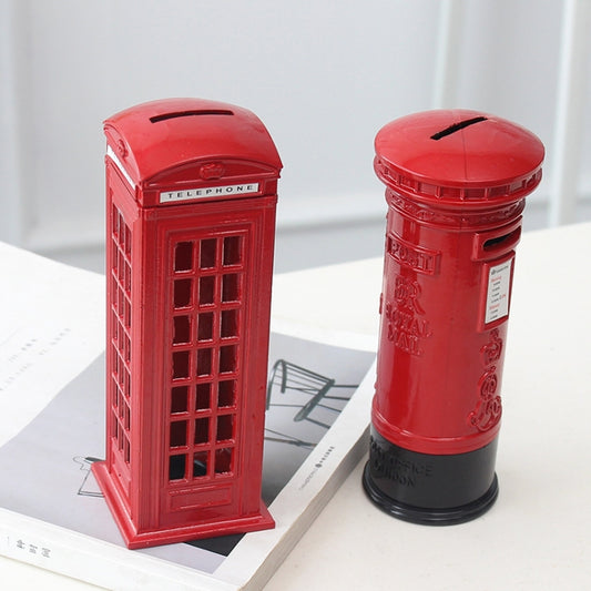 Red tin telephone booth piggy bank mailbox figures, side views with black bases