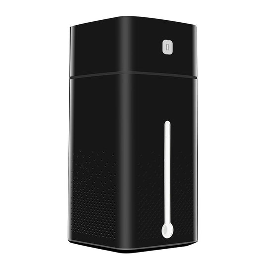Black ultrasonic air humidifier with side indicator light and perforated speaker-style panel