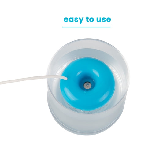 Blue donut-shaped mini USB humidifier with blue water reservoir inside
