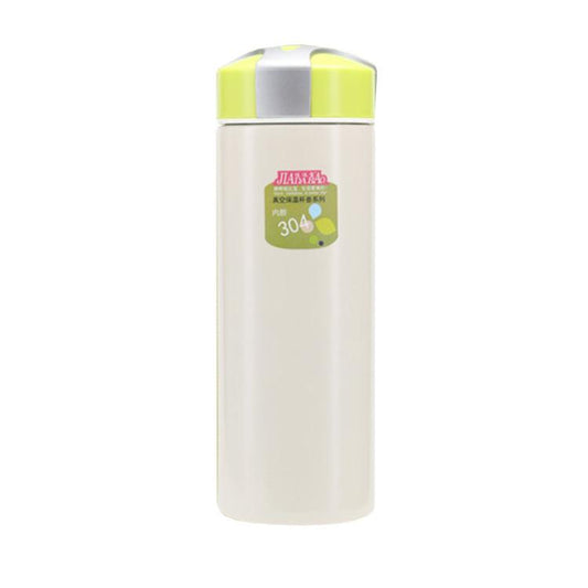 Stainless steel insulated kids travel cup, white body with green-and-silver lid