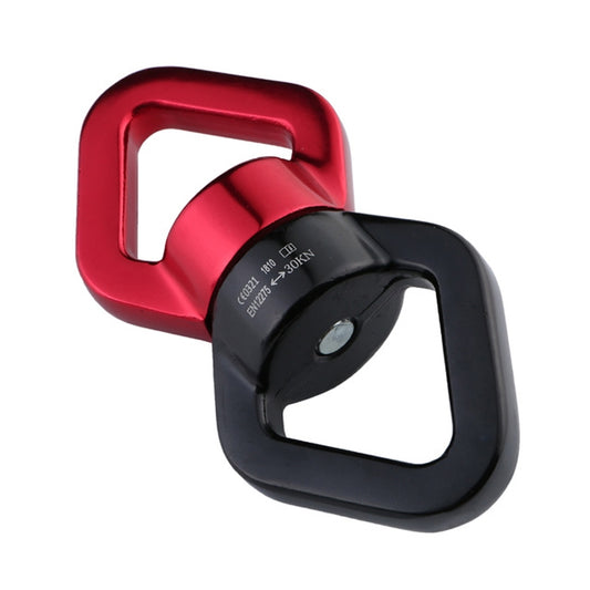 Angled red-and-black fixed connector carabiner with top and bottom openings