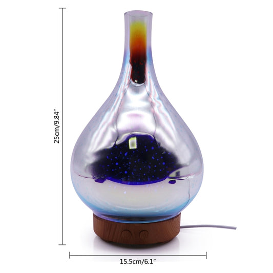 LED aroma humidifier night light, tall clear bulb with wood base, side profile with size mark