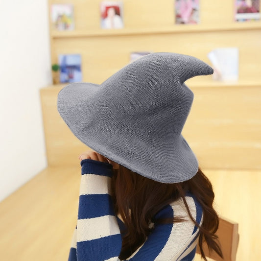 Light grey wool wizard hat with wide brim and tall pointed crown