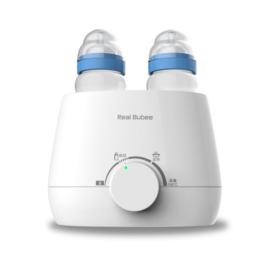 Electric milk bottle warmer with two bottle holders on white base, dial knob control