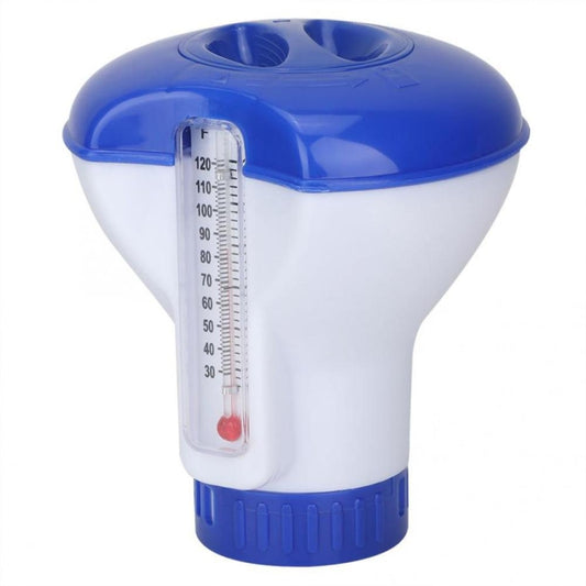 Floating pool thermometer dispenser with vertical scale and red thermometer bulb