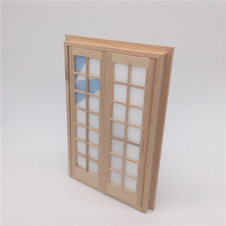 Mini dollhouse double door with window grid panes and blue glass inserts