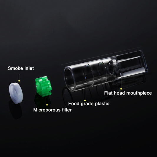 Clear plastic mouthpiece tube with green microporous filter and smoke inlet end