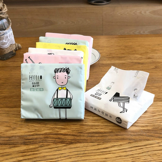 Cartoon paper napkin set in pastel colors with character prints, “Hello” text
