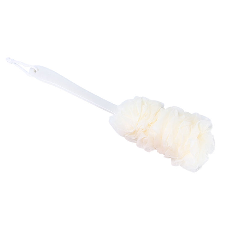 Cream long-handle bath brush with fluffy scrubbing mesh head