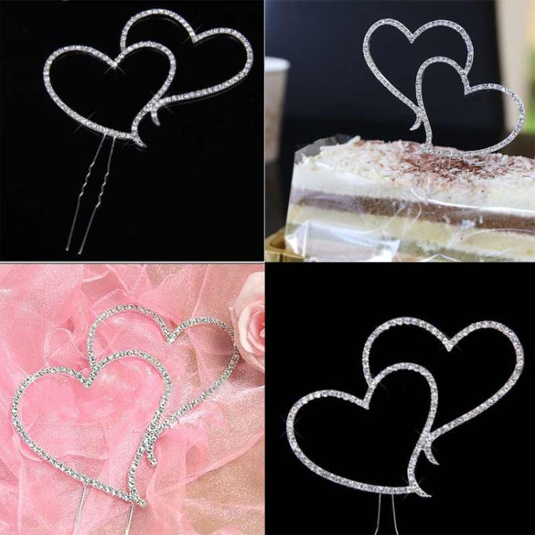 Two-heart crystal cake topper shown from multiple angles