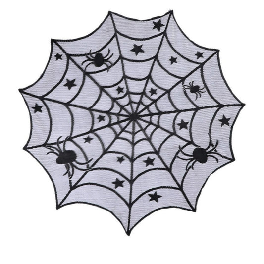 Black spider-web lace tablecloth with star and spider motifs, square