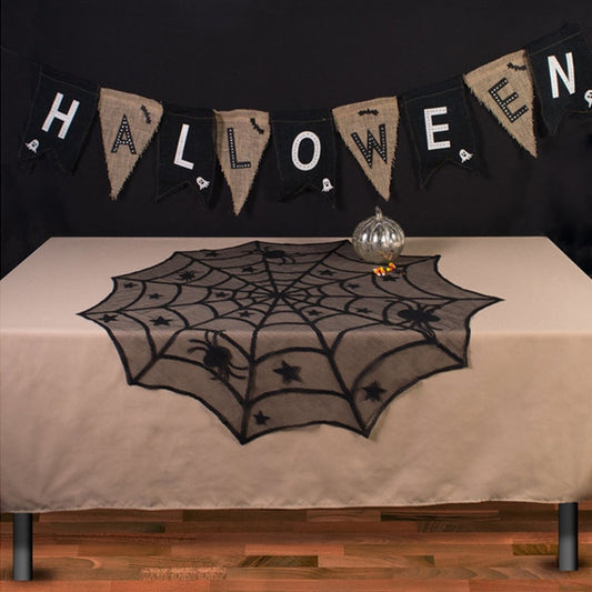 Black spider-web lace tablecloth with star and spider motifs, 102x102 cm square