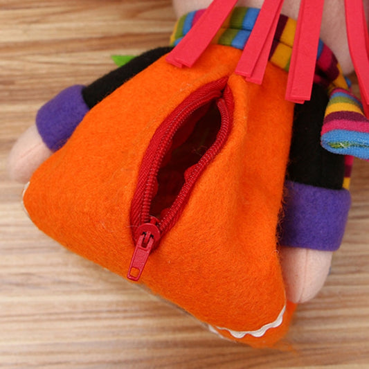 Halloween plush candy backpack with orange felt body and red zipper on transparent pocket