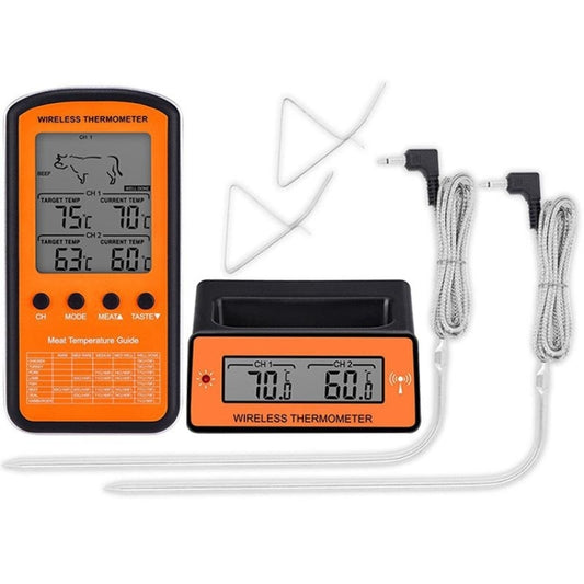 Wireless dual-probe digital BBQ thermometer with orange display showing CH1 and CH2 temps