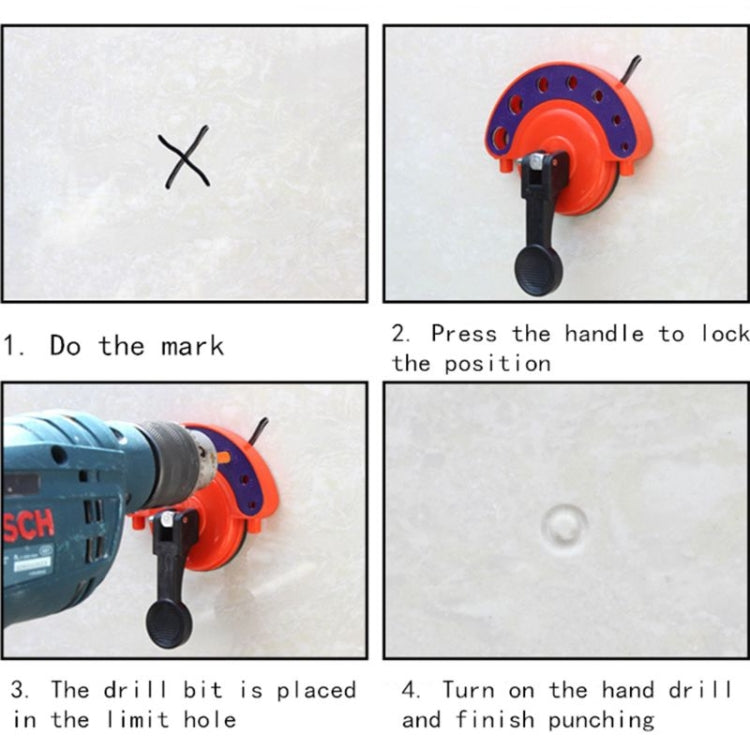 Instruction diagram showing glass hole cutter steps with drill bit and suction base