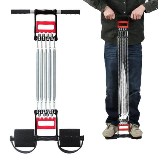 Resistance spring leg exerciser with black straps, red center plate, and six silver rods