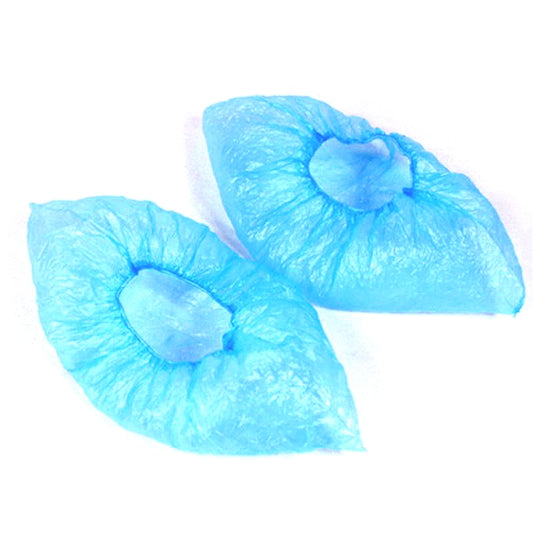 Disposable blue CPE shoe covers with elastic opening for fitting over shoes