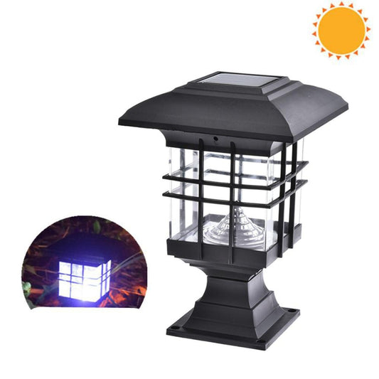 Black solar pillar garden light with square glass lantern and top solar panel
