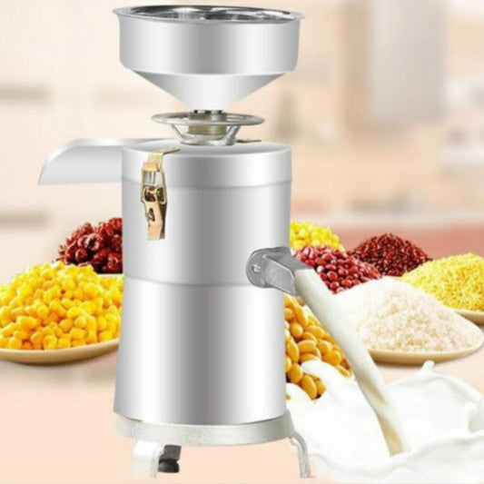 Stainless steel refining grinder with funnel, central blade, and dispensing spout