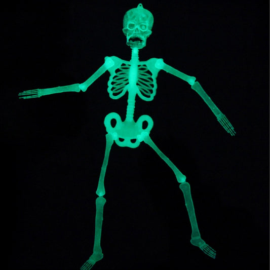 Green glowing skeleton Halloween prop, full-body standing figure with arms extended