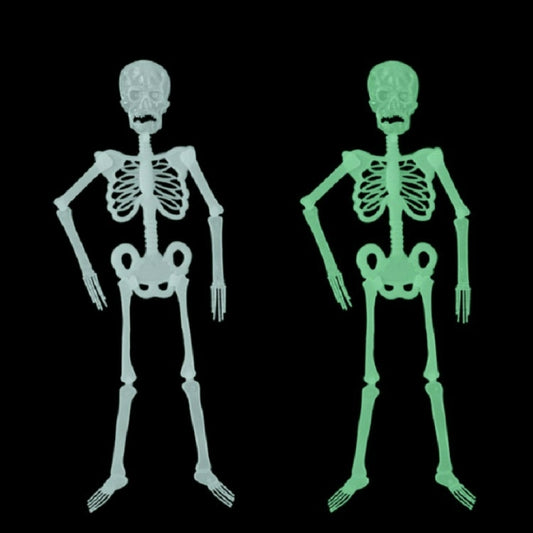 Fluorescent skeleton Halloween prop, white and green glow, full-body standing figure