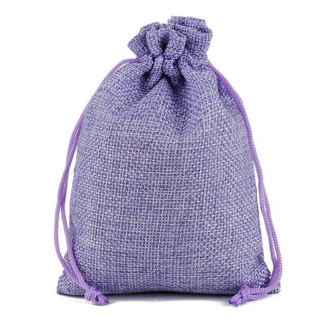 Linen jute drawstring gift bag in lavender, gathered top with purple drawstring cords