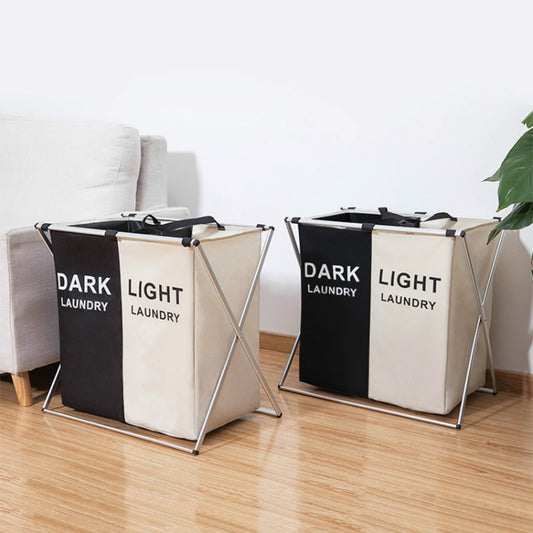Set of folding laundry hampers with two compartments each, dark and light beige panels
