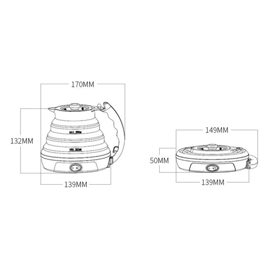 Portable folding electric kettle with handle, size dimensions diagram