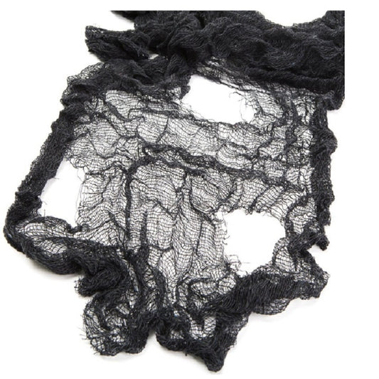 Black mesh fabric square with swirling gauze pattern and frayed, draped edges