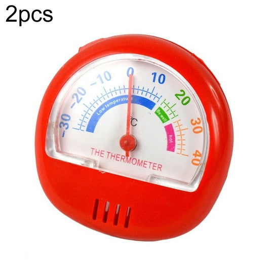 Red round analog freezer thermometer with Celsius dial and red pointer