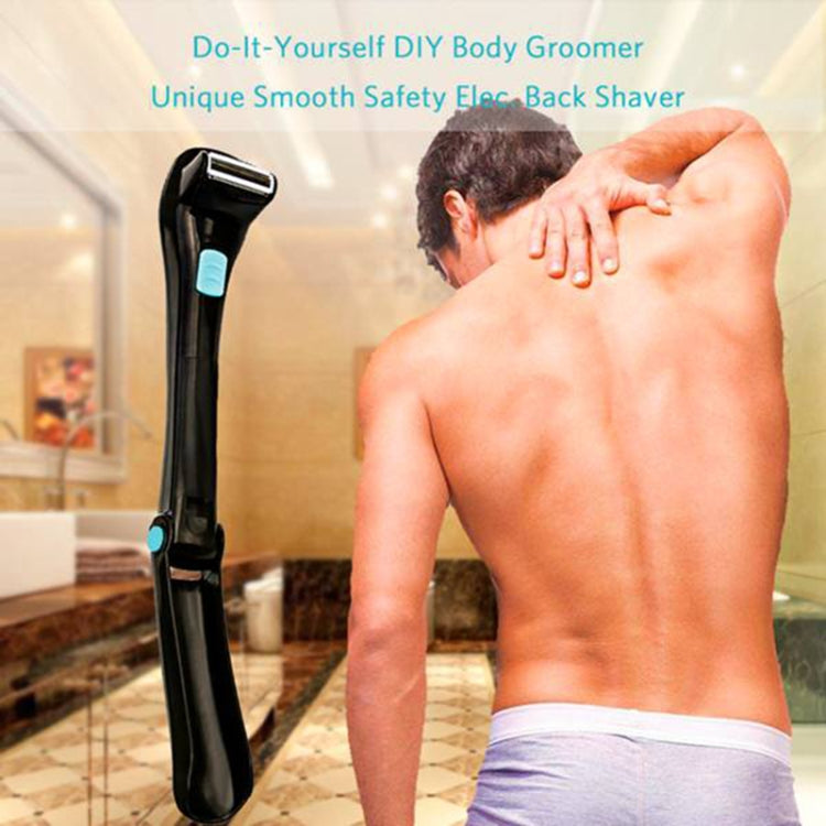Electric back shaver in use on a man’s upper back, black handle with blue button