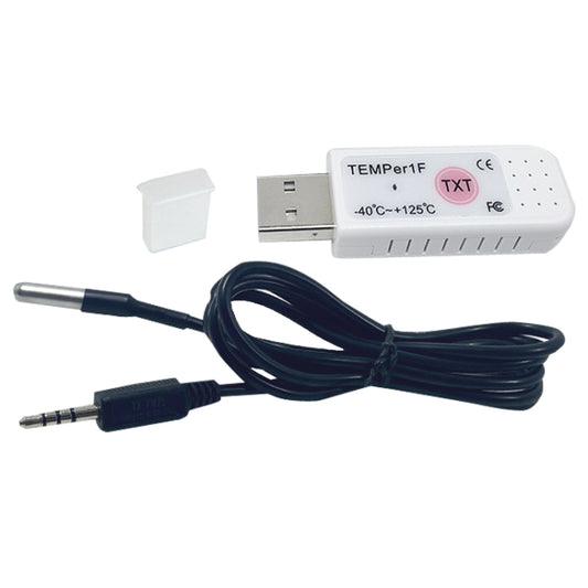USB temperature sensor probe with USB module, dark cable, and metal tip probe