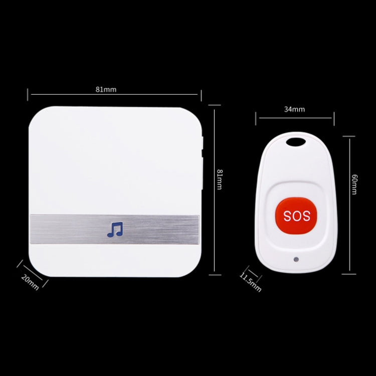 Compact white doorbell receiver and SOS key fob with size proportions shown.