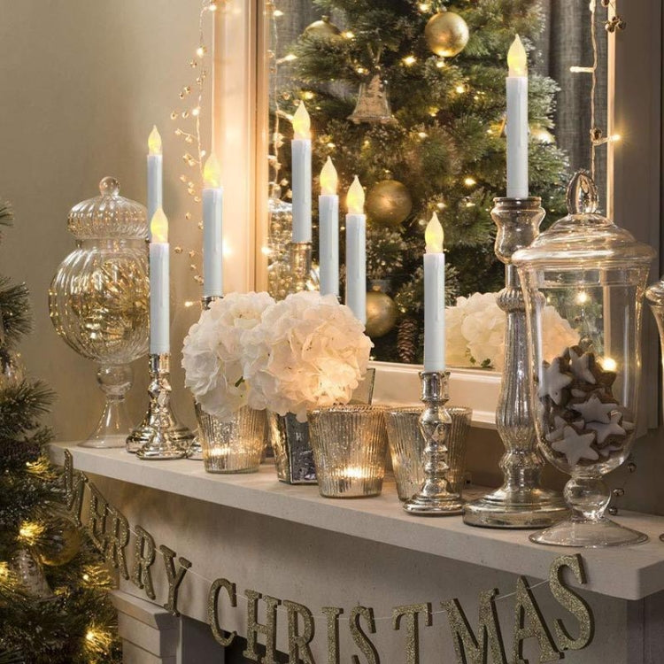 Christmas centerpiece with long rod LED flameless candles and warm white glow