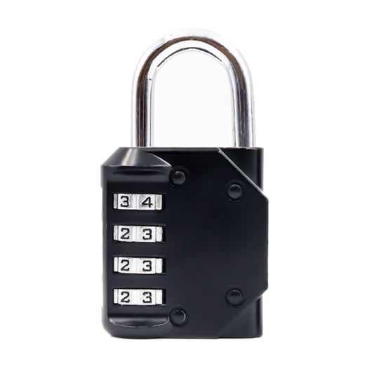 Black four-digit combination padlock with chrome U-shackle and 4-number dial