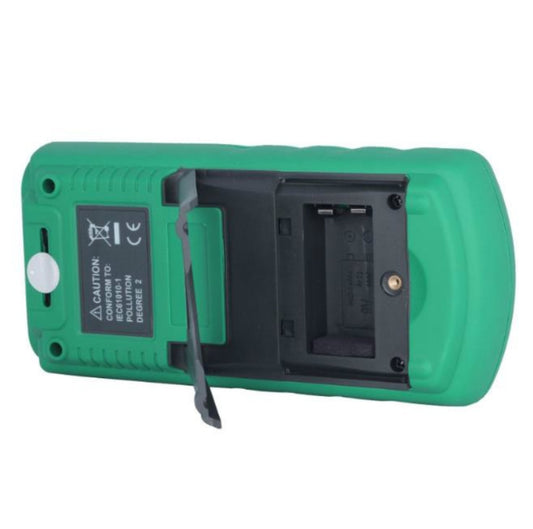 Green handheld dual digital thermometer with battery compartment door open
